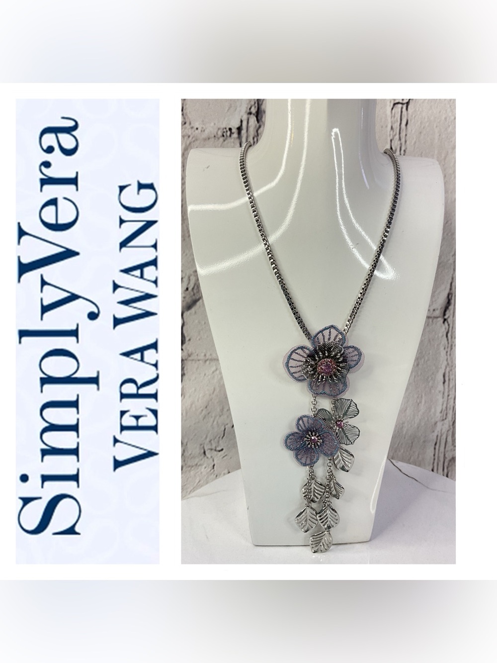 🌟🌟 Vera Wang Silver Necklace with Pink and Lavender Floral Drops